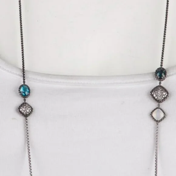 DAVID YURMAN STERLING SILVER TOPAZ, CHALCEDONY & DIAMOND 0.46 STATION NECKLACE - Picture 8 of 9